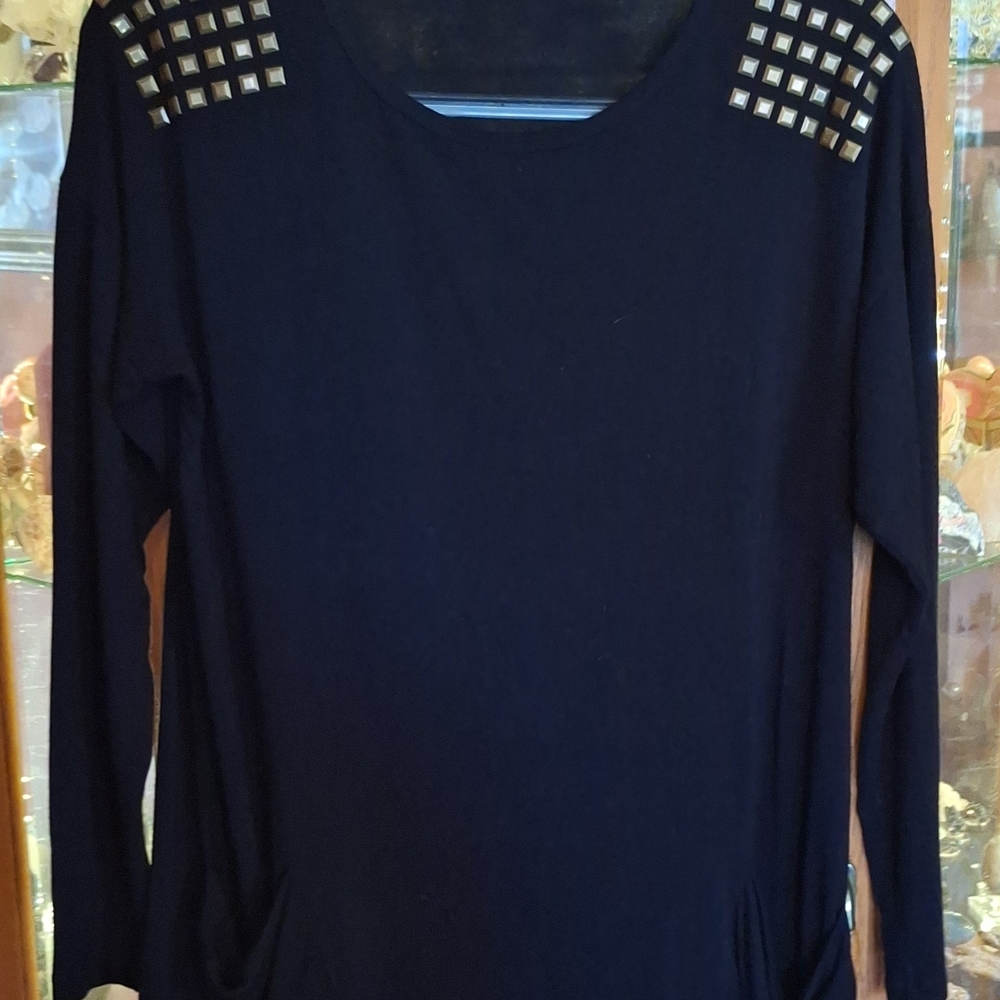 eight eight eight Black Long-Sleeve Top with Gold Stud Shoulders